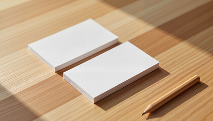 Fototapeta premium Elegant business card mockup on wooden desk with subtle shadows, professionalism
