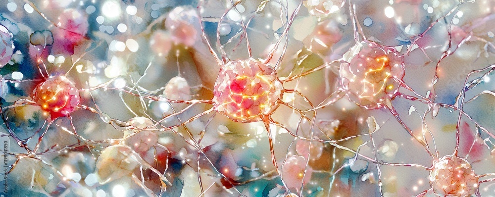 Poster colorful close-up of neurons with glowing synapses interconnected in a vibrant and soft bokeh backgr