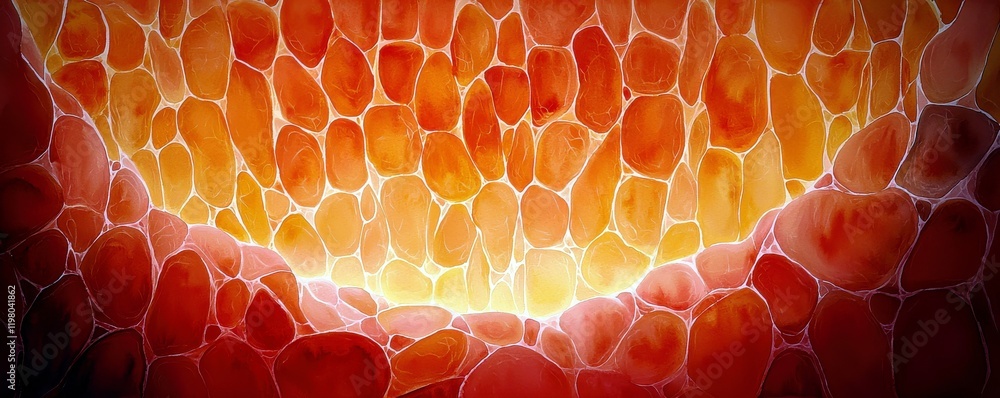 Poster abstract representation of glowing orange and red stones with a warm light emanating from behind, cr