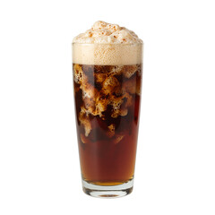 Refreshing root beer float with layers of foam and ice cream in tall glass