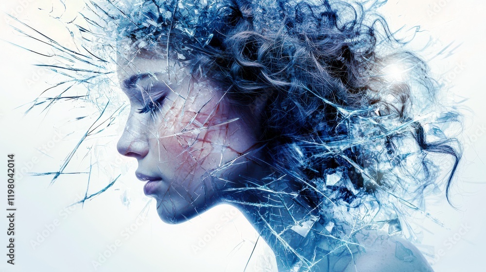 Poster ethereal portrait of a woman with an abstract ice and crystal theme, showcasing delicate features an