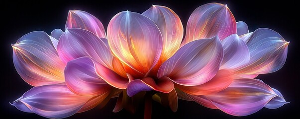 Fototapeta premium Vibrant Multicolored Lotus Flower with Soft Petals Illuminated Against Dark Background for Natural Beauty and Calmness Exploration