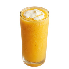 Refreshing mango lassi with yogurt swirl in tall glass on beige surface