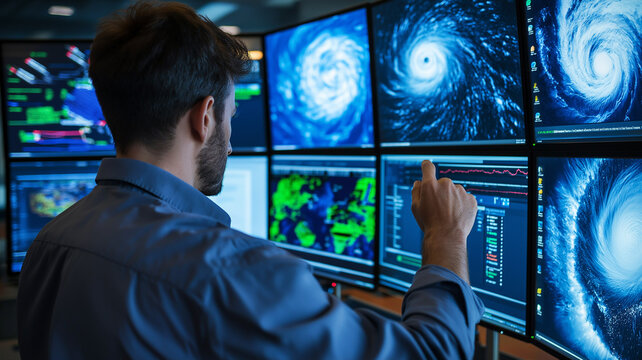 Meteorologist tracks hurricane intensity. National weather service office monitors storm data. Real time wind speed pressure maps. Emergency response team analyzes crisis situation
