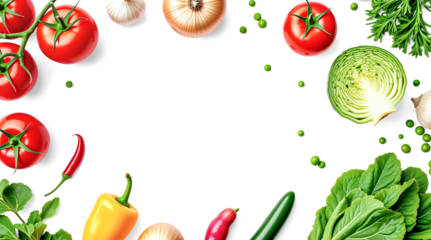 Frame of Fresh Vegetables Isolated on Transparent Background. Tomatoes, Cabbage, Peppers, Onions, Garlic, and Peas. Healthy Eating, Vegan, Vegetarian Food Concept. PNG, Cut Out.