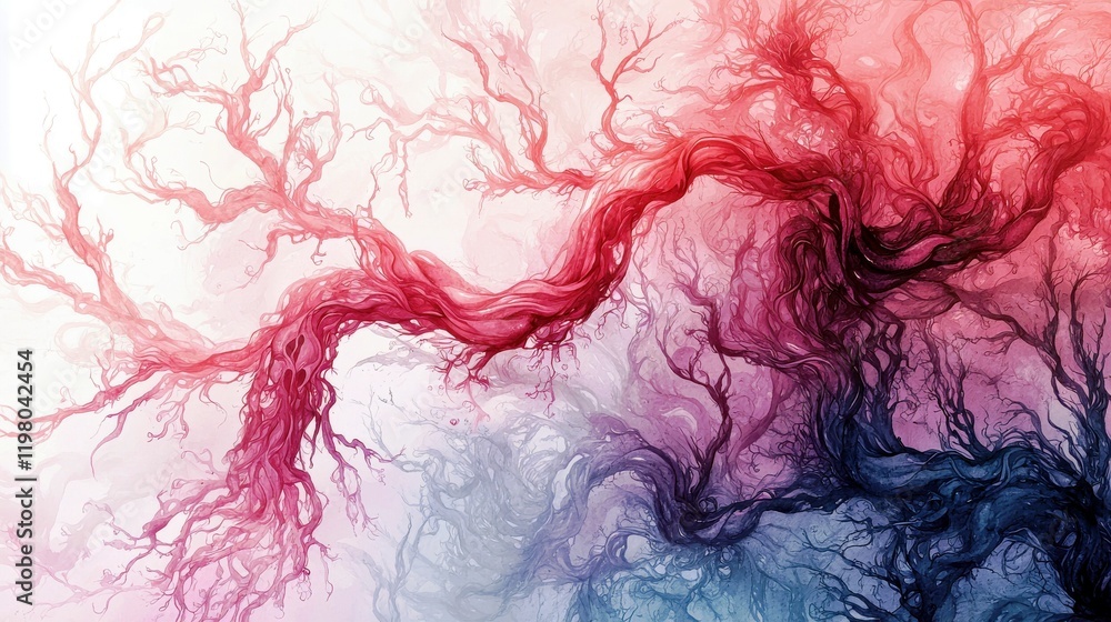 Poster abstract flowing red and blue organic lines creating intricate patterns on a soft gradient backgroun