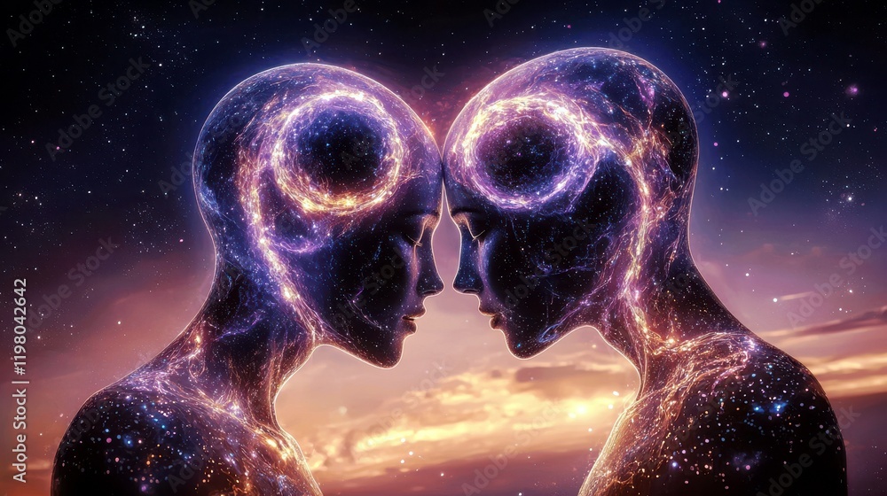 Poster ethereal cosmic connection between two silhouetted figures in a starry universe with vibrant colors 