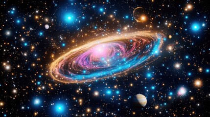 Stunning view of a vibrant galaxy surrounded by bright stars and distant planets in the vastness of outer space, showcasing cosmic beauty and mystery.