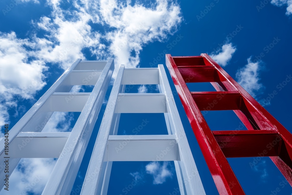 Poster An image of a vibrant red ladder ascending into the clouds, embodying concepts of progress,前景, and advancement. 3D Rendering
