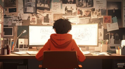 Young person sits at desk, working on computer, surrounded by inspirational images.