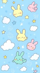 Cute Bunnies Float Amongst Clouds and Stars