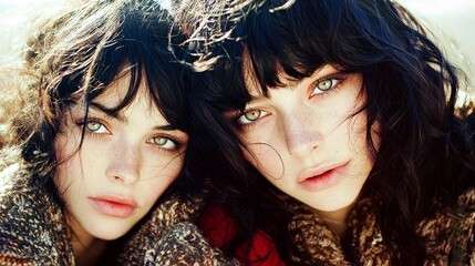 Naklejka premium Close-Up Portrait of Two Young Women with Freckles and Dark Hair Posing Together in Soft Natural Light Outdoors with Wind-Blown Hair