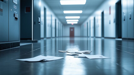 Obraz premium Empty school hallway with scattered papers on a reflective floor, symbolizing transition and the quiet before students return, suitable for back to school
