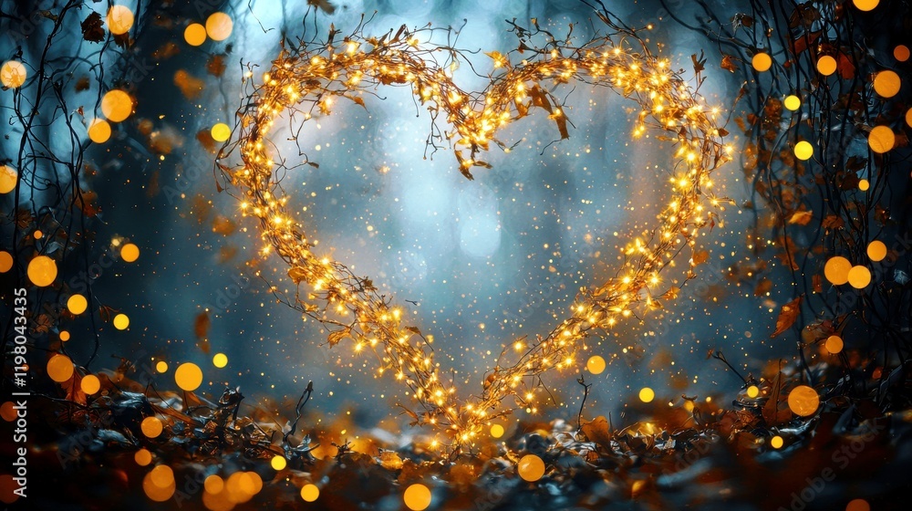 Poster heart-shaped glow created with sparkling lights and autumn leaves, enchanting forest scene with boke
