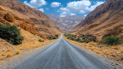 Fototapeta premium Scenic view of a winding road through a desert valley surrounded by mountains under a blue sky