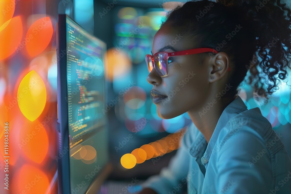 Poster black female programmer typing code on computer