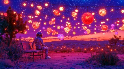 Astronaut Gazing at Dreamy Cosmic Landscape Surrounded by Floating Lanterns under a Starry Sky at Twilight in a Desert Setting