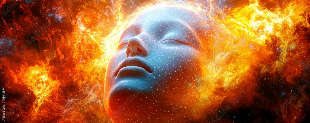 Poster ethereal face surrounded by fiery cosmic elements representing dreams and imagination in an abstract