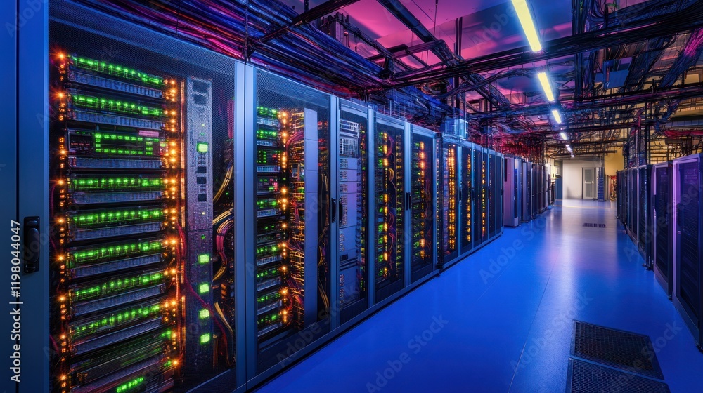 Poster server room with rows of data racks