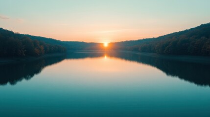 Fototapeta premium Serene sunrise over a calm lake surrounded by lush forests, reflecting vibrant colors and tranquility