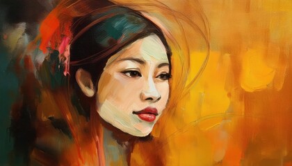 Expressive Digital Artwork A Warmtoned Abstraction of a Womans Face Against a Textured Canvas Backdrop, Embracing Vibrant Hues and Swirling Lines