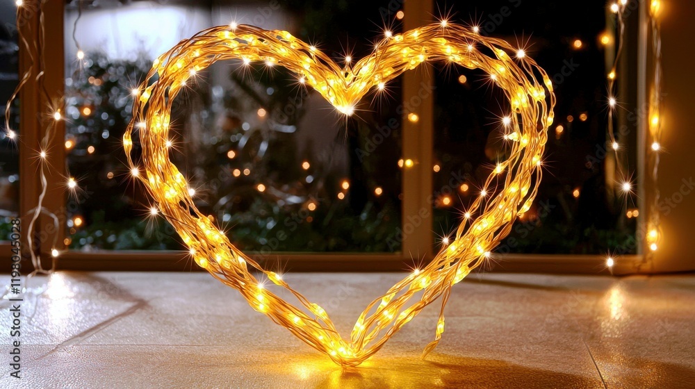 Poster heart-shaped string lights creating a romantic atmosphere in a cozy indoor setting during evening