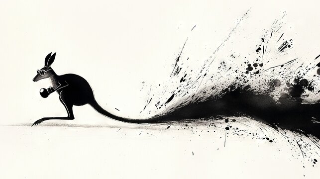   A black-and-white image of a kangaroo kicking up a wave of black paint on a white background, with a touch of black ink