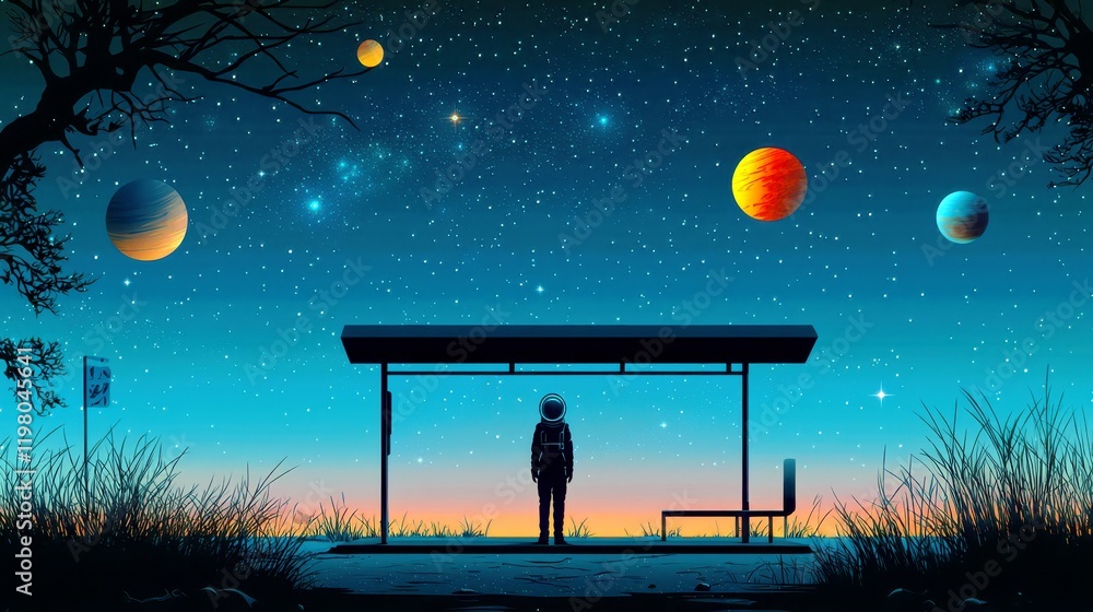 Poster astronaut waiting at cosmic bus stop under starry sky with colorful planets and space elements, surr
