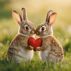 Obraz premium Cute rabbits sharing a red heart in a sunny meadow during springtime