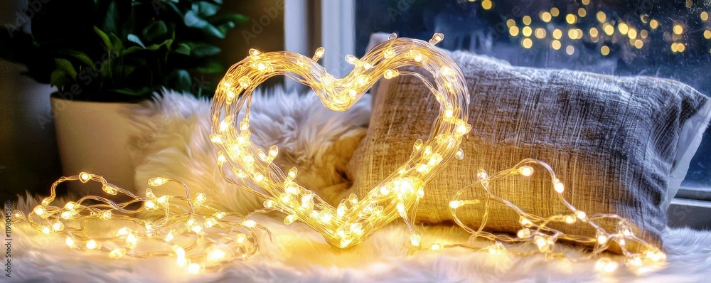 Poster warm heart shaped string lights with cozy textures set against a window with blurred bokeh in a cont