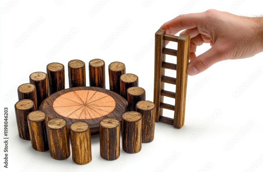Poster a person positions a target board on top of a ladder, adjacent to a digital display on a wooden cube