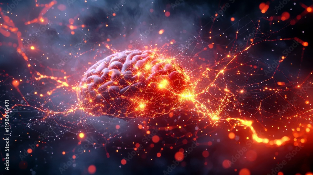 Poster ethereal representation of a brain surrounded by colorful electric sparks and glowing neural connect