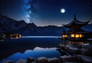 Obraz premium captivating moonlit night sky showcasing unique locations world various stunning visuals, stars, landscape, nature, astronomy, scenery, cloud