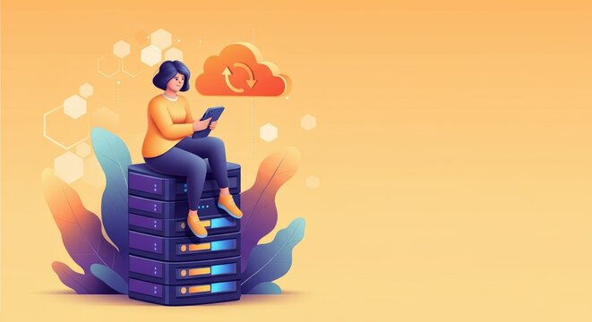 Asian woman using tablet on stack of servers with cloud computing illustration