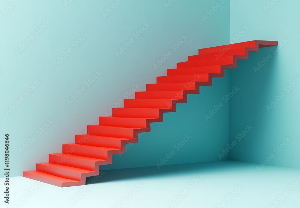 Poster abstract staircase rendered in 3d, featuring red blocks on a green background with a simple design a