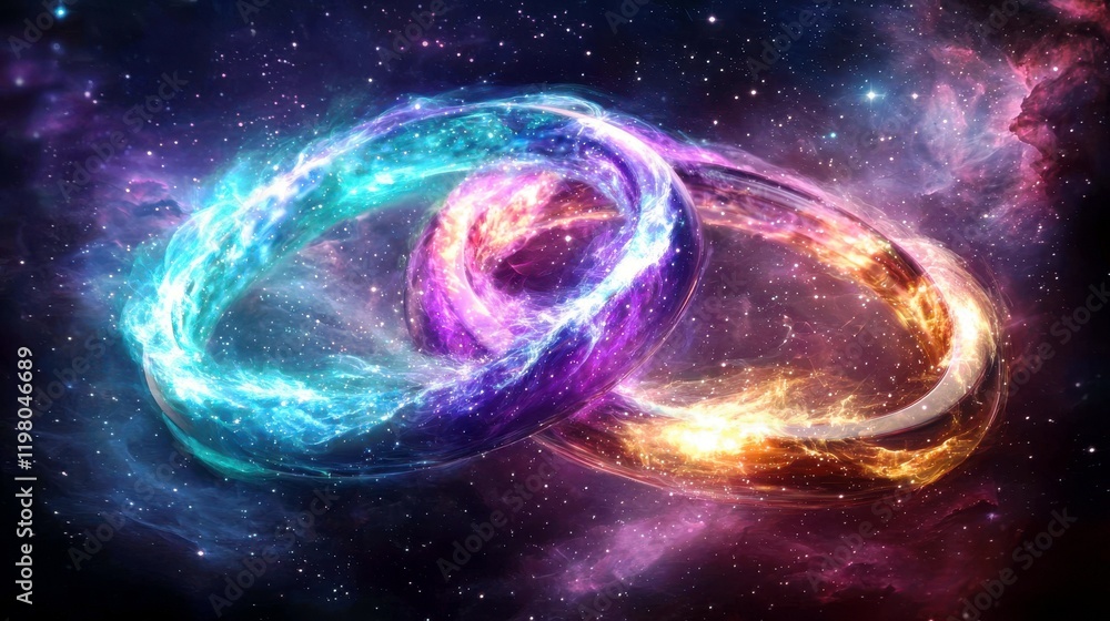 Poster vibrant cosmic swirls merging in a colorful universe with stars and nebulae in the background, repre