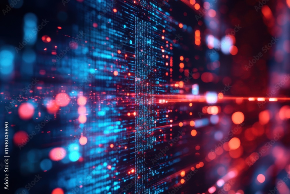 Poster digital abstract background with vibrant blue and red colors representing technology and data flow