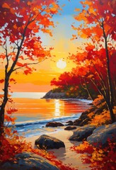 vibrant coastal landscape colorful leaves transitioning through palette shoreline, autumn, foliage, scenery, coastline, trees, colors, greenery