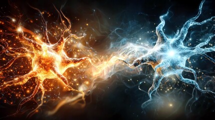 Vibrant Visualization of Energetic Neurons in Bright Blue and Orange Colors with Dynamic Light Effects Representing Brain Activity and Neural Connections