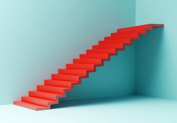 Abstract staircase rendered in 3D, featuring red blocks on a green background with a simple design and room for additional text. The illustration represents business growth, strategic goal planning,