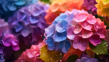 Fototapeta premium hydrangea, colorful, droplet, rain, leaf, beautiful, gorgeous, sparkling, light, illustration, design, art