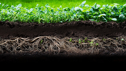 Fototapeta premium Soil fertility testing with plant roots and soil layers exposed, soil fertility, agricultural science 