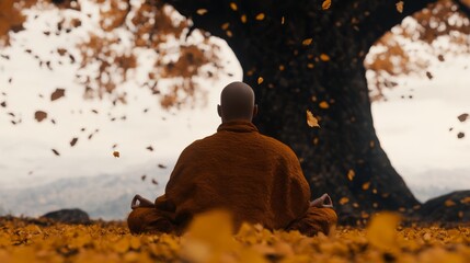 A monk meditating in the lotus position under a large, ancient tree with falling leaves, symbolizing tranquility, focus, and enlightenment.
