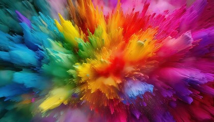 Dronecaptured Aerial View of a Stunning Rainbow Paint Explosion on a Vibrant Wall Backdrop, Taken near an Urban Landscape at Dusk.