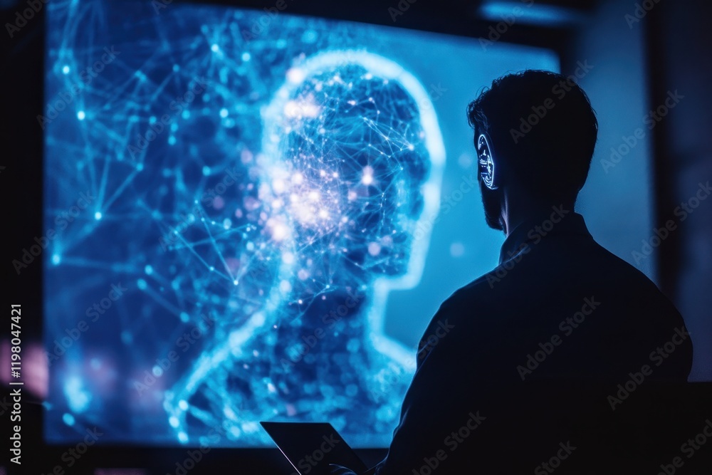 Poster exploring artificial intelligence through digital visualization in a modern workspace