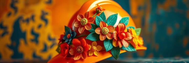 Ornate orange hard hat adorned with colorful flowers and green leaves conveying a cheerful and celebratory feeling against a vibrant abstract background