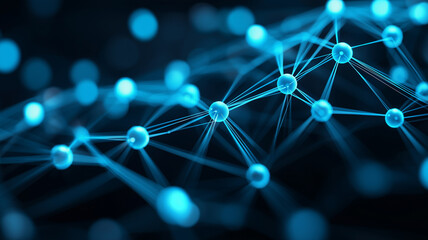 A glowing blue network of interconnected nodes and lines, symbolizing connectivity, data, and advanced technology.
