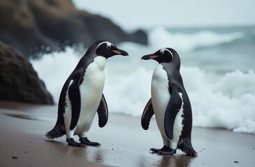 Obraz premium Two penguins standing on a sandy beach near crashing ocean waves with rocky cliffs in the background