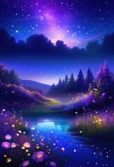 Fototapeta premium majestic nightscape featuring ethereal celestial landscape beneath vibrant starry skies glowing stars dreamy night clouds, astrophotography, moonlight