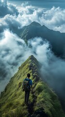 Fototapeta premium Hiker standing on mountain peak under cloudy sky 